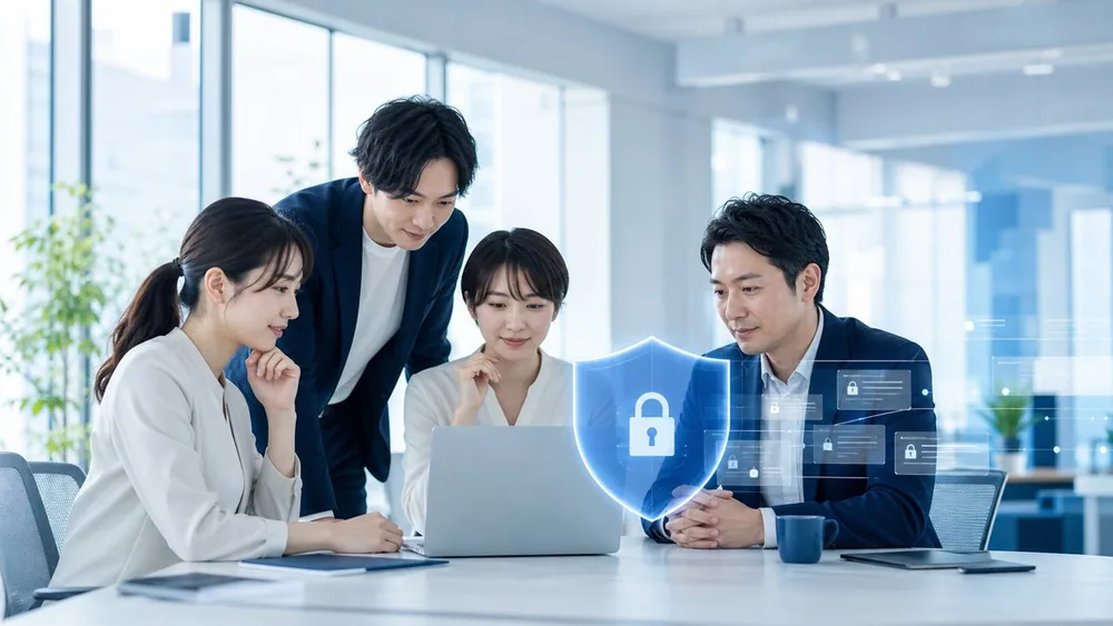 生成AIの情報漏えい対策を確認する企業チーム