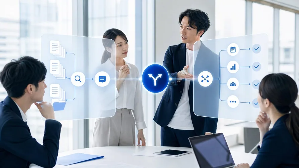 RAGとAIエージェントの処理経路を比較する企業チーム
